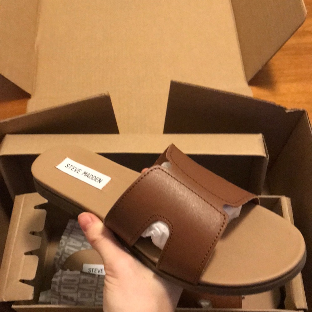 Brown Faux Leather Steve Madden Hoku Slide Sandal